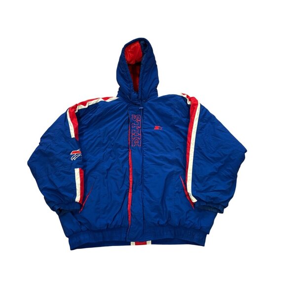 Vintage 1990's Starter Buffalo Bills NFL Puffer Hooded Jacket Blue Read Sizing - Picture 1 of 8